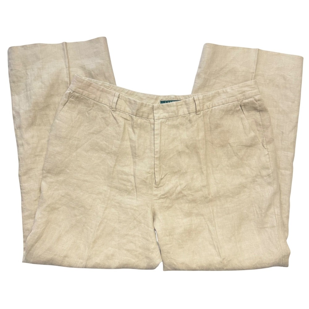 Lauren Ralph Lauren Womens Pants 16 Tan 100% Linen Wide Leg Trousers Pants